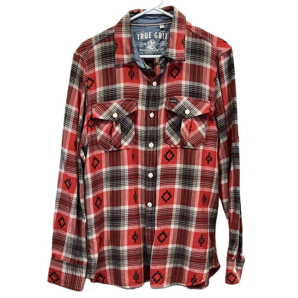 True Grit Western Aztec Cotton Red Plaid Button Down Chest Pockets Shirt Large